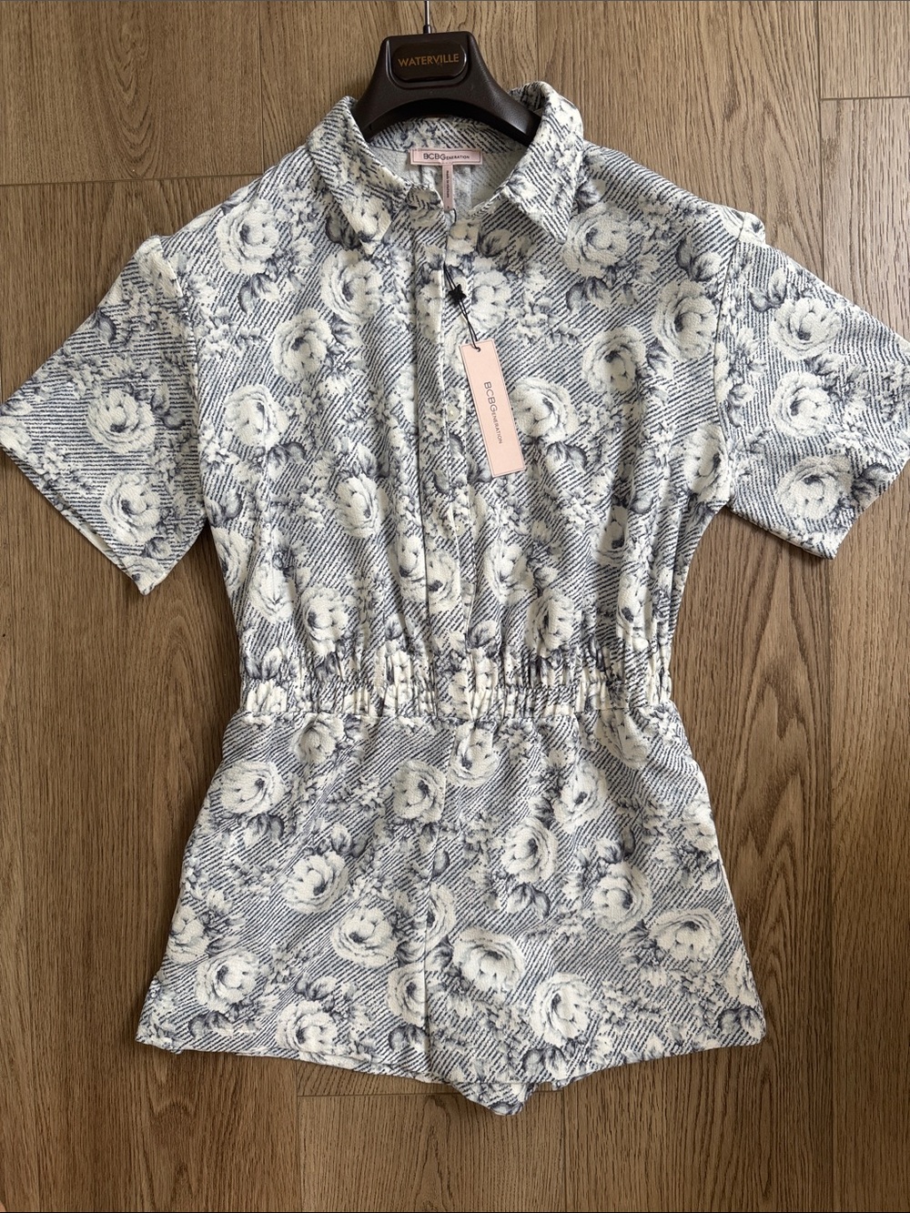 BCBGeneration Blue and White Floral Button-Front Romper